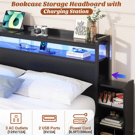 Unikito Full Size Bed Frame with LED Light and Bookcase Storage Headboard, Full Bed with Slide Out Bedside Cabinet and Charging Station, Heavy Duty Metal Slat, No Box Spring Needed, Noise Free