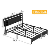 Full Size Bed Frame with Storage Headboard, Heavy Duty Bed Frame with Power Outlets and LED Light