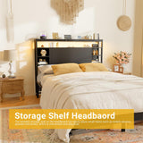 Full Size Bookshelf Headboard with Storage, Headboards with Outlets, and RGB LED Light