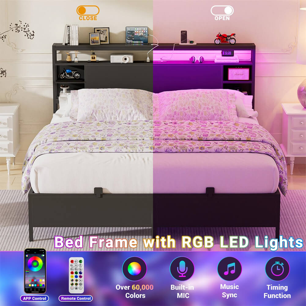 Full Size Bed Frame with Storage Headboard, Heavy Duty Bed Frame with Power Outlets and LED Light