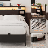 Full Size Bed Frame with Storage Headboard, Heavy Duty Bed Frame with Power Outlets and LED Light