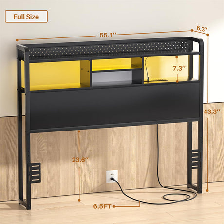 Unikito Headboard for Full Size Bed with Storage Shelf, Head board with 3 Outlets and 2 USB Ports, Headboards with RGB LED Light, Height Adjustable, Sturdy and Stable, Easy Assembly