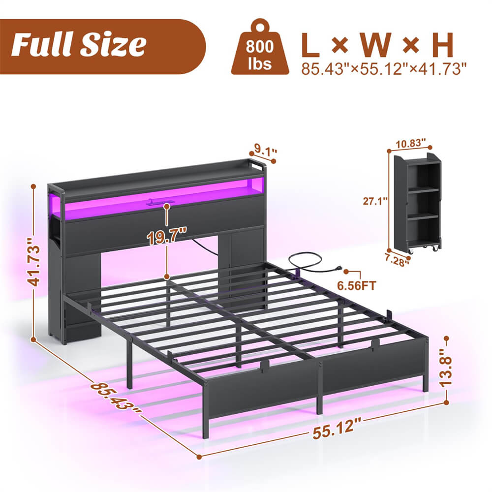 Unikito Full Size Bed Frame with LED Light and Bookcase Storage Headboard, Full Bed with Slide Out Bedside Cabinet and Charging Station, Heavy Duty Metal Slat, No Box Spring Needed, Noise Free