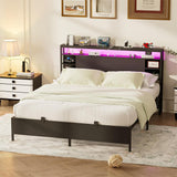 Full Size Bed Frame with Storage Headboard, Heavy Duty Bed Frame with Power Outlets and LED Light