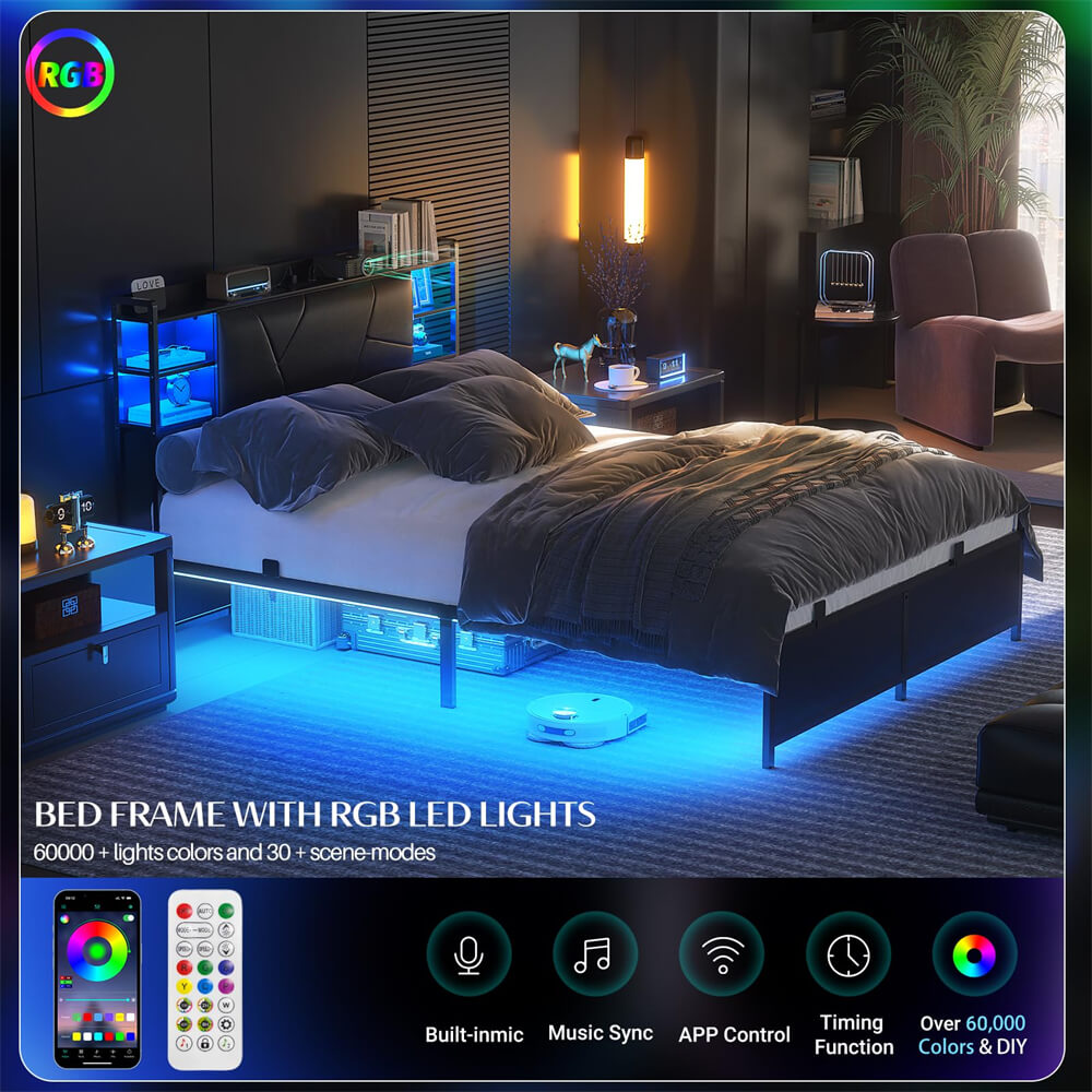 Unikito Full Size Bed Frame with Upholstered Headboard, Charging Station and RGB LED Lights, Stable Platform Bed, Heavy Duty Metal Slats, Noise Free, No Box Spring Needed, Easy to Assemble