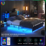 Unikito Full Size Bed Frame with Upholstered Headboard, Charging Station and RGB LED Lights, Stable Platform Bed, Heavy Duty Metal Slats, Noise Free, No Box Spring Needed, Easy to Assemble