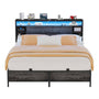 Full Size Bed Frame with Storage Headboard, Heavy Duty Bed Frame with Power Outlets and LED Light