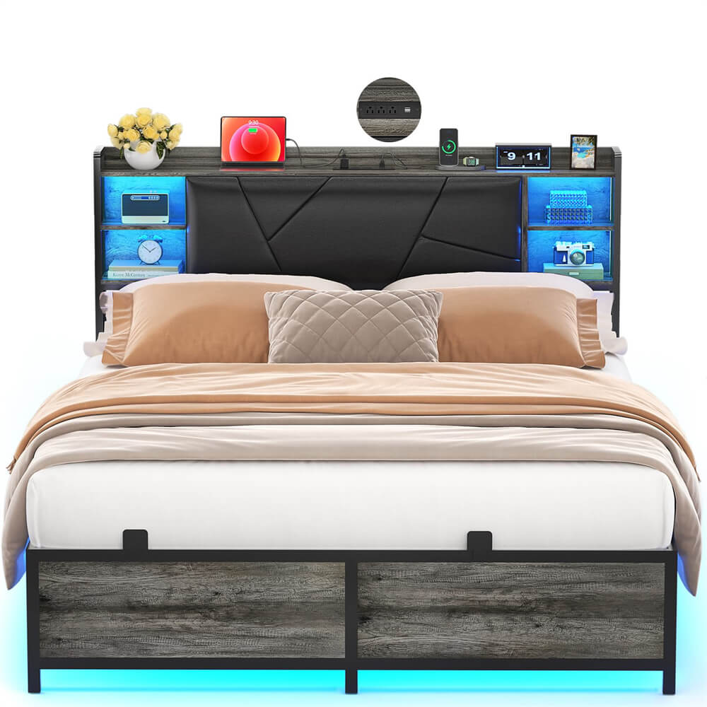 Unikito Full Size Bed Frame with Upholstered Headboard, Charging Station and RGB LED Lights, Stable Platform Bed, Heavy Duty Metal Slats, Noise Free, No Box Spring Needed, Easy to Assemble