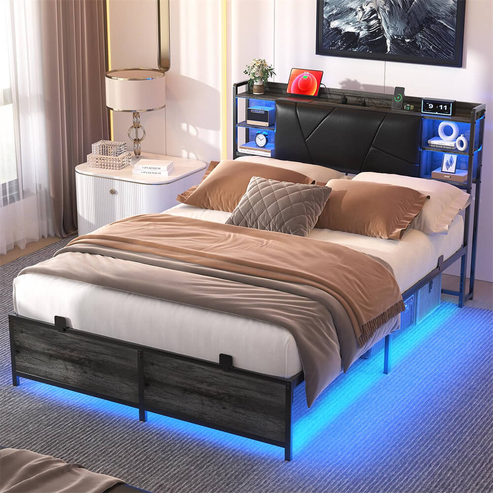 Unikito Full Size Bed Frame with Upholstered Headboard, Charging Station and RGB LED Lights, Stable Platform Bed, Heavy Duty Metal Slats, Noise Free, No Box Spring Needed, Easy to Assemble