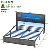 Unikito Full Size Bed Frame with LED Light and Upholstered Storage Headboard, Metal Platform Full Bed Frame with Charging Station, No Box Spring Needed, Easy Assembly, Noise-Free