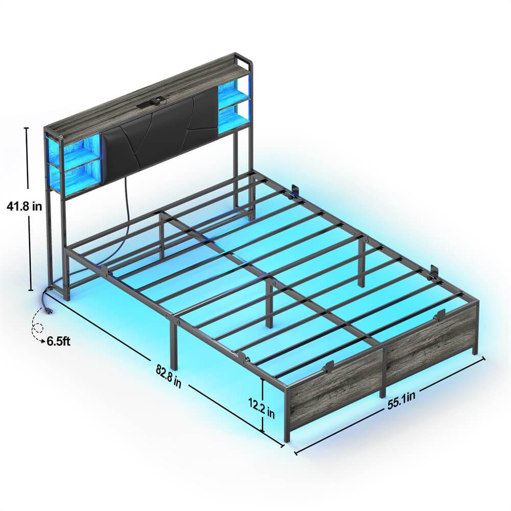 Unikito Full Size Bed Frame with Upholstered Headboard, Charging Station and RGB LED Lights, Stable Platform Bed, Heavy Duty Metal Slats, Noise Free, No Box Spring Needed, Easy to Assemble