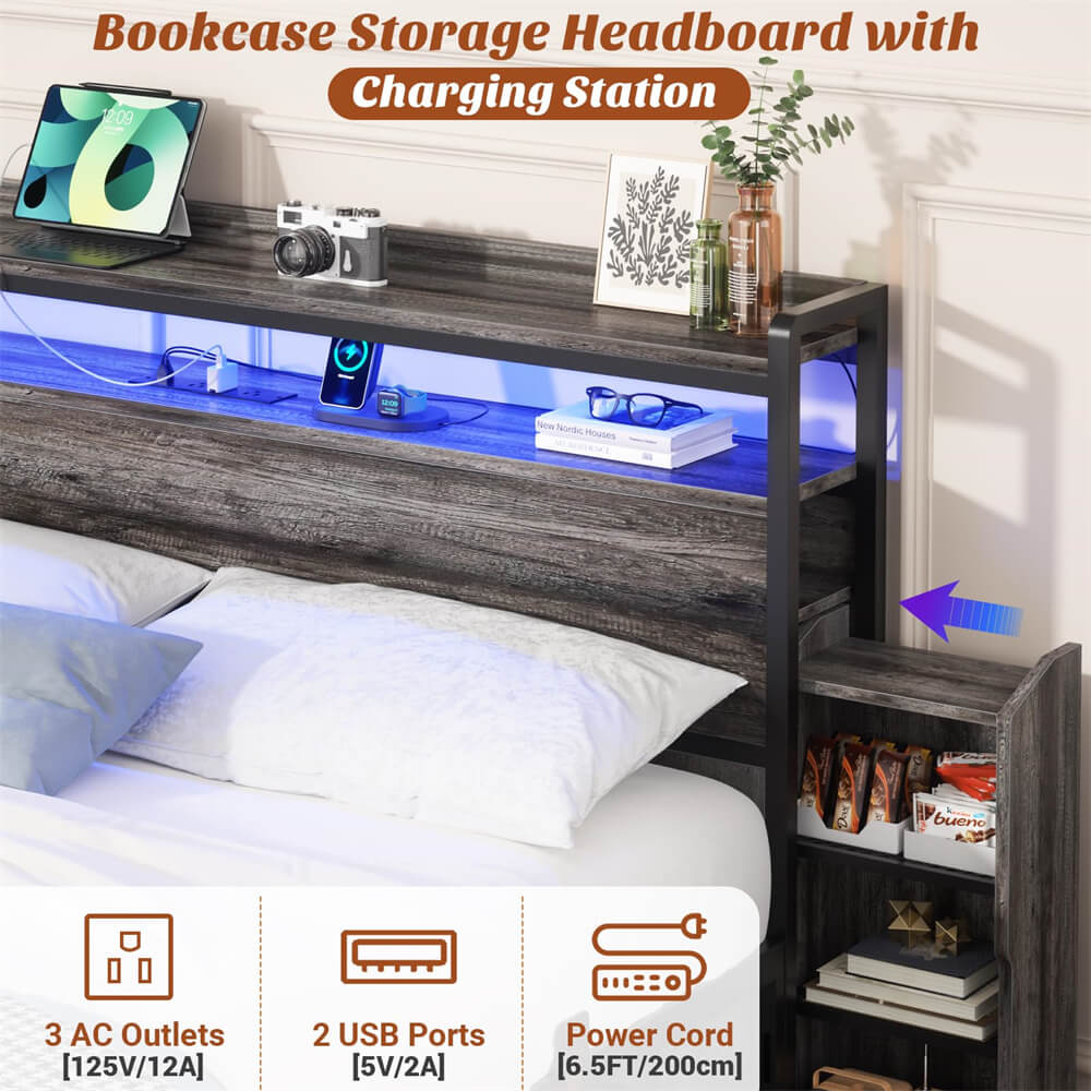 Unikito Full Size Bed Frame with LED Light and Bookcase Storage Headboard, Full Bed with Slide Out Bedside Cabinet and Charging Station, Heavy Duty Metal Slat, No Box Spring Needed, Noise Free