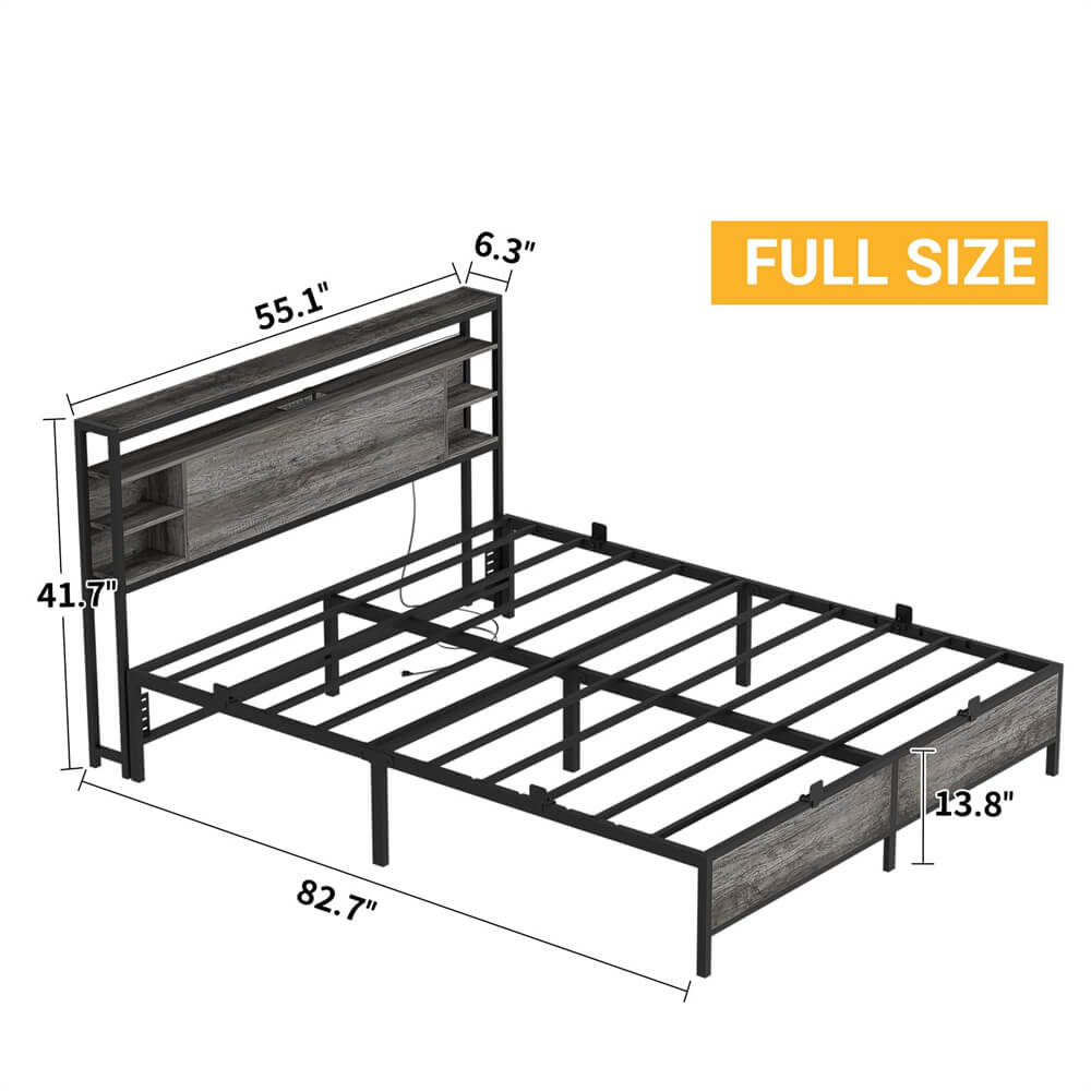 Full Size Bed Frame with Storage Headboard, Heavy Duty Bed Frame with Power Outlets and LED Light