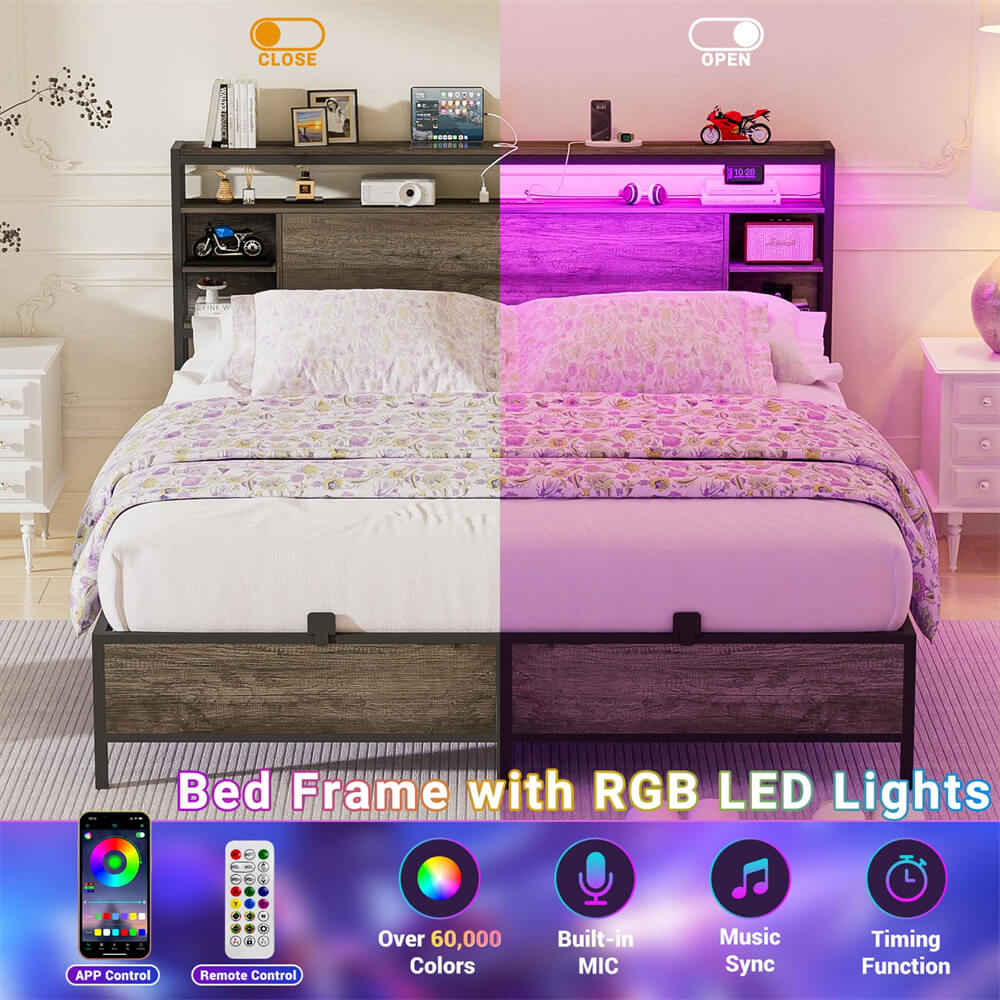 Full Size Bed Frame with Storage Headboard, Heavy Duty Bed Frame with Power Outlets and LED Light