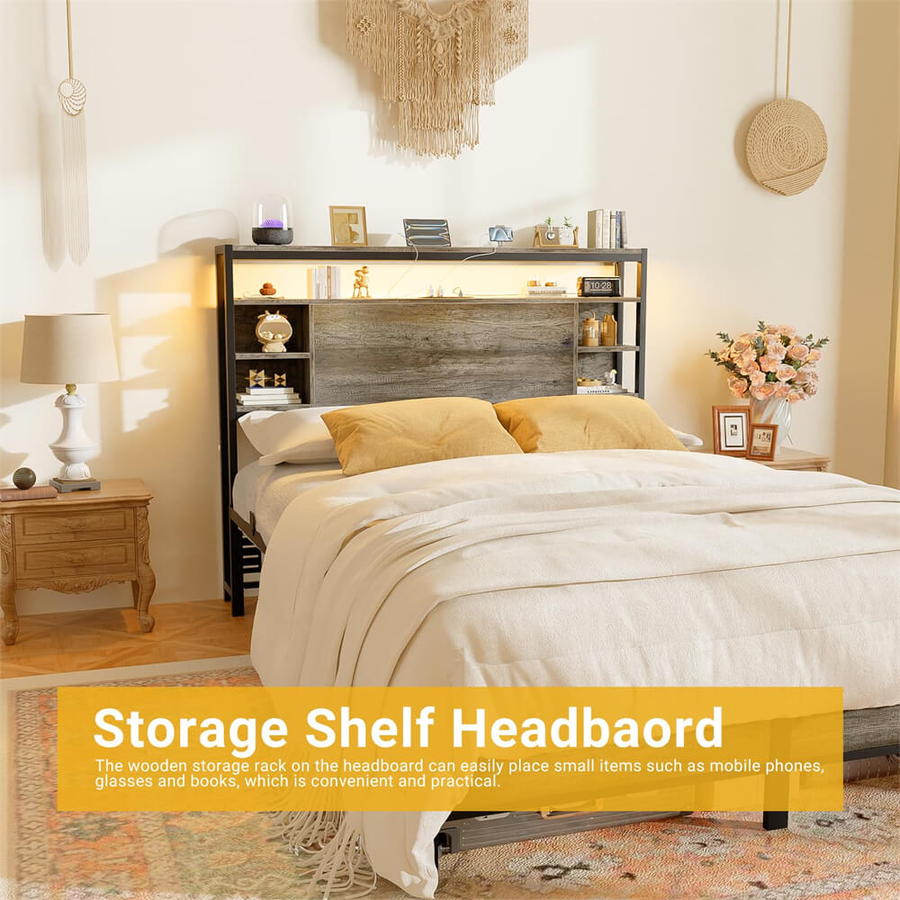 Full Size Bookshelf Headboard with Storage, Headboards with Outlets, and RGB LED Light