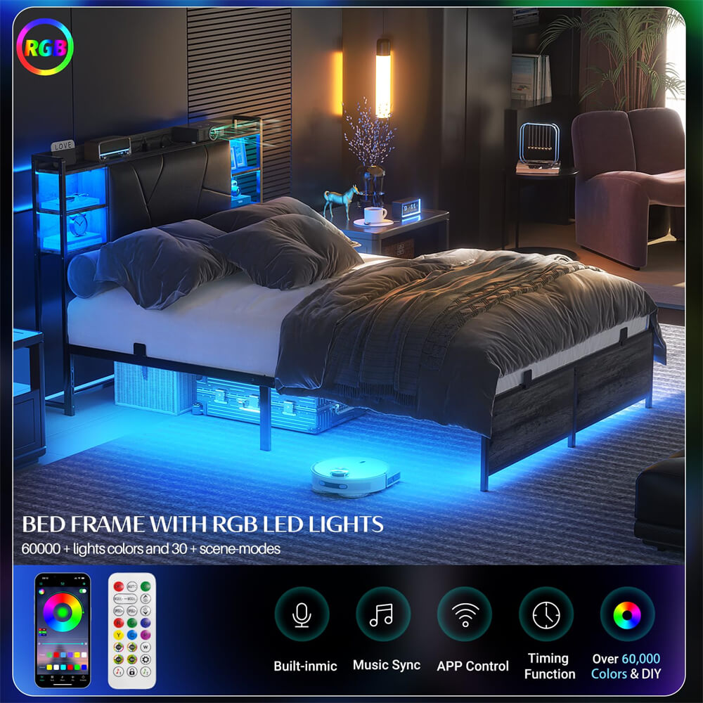 Unikito Full Size Bed Frame with Upholstered Headboard, Charging Station and RGB LED Lights, Stable Platform Bed, Heavy Duty Metal Slats, Noise Free, No Box Spring Needed, Easy to Assemble