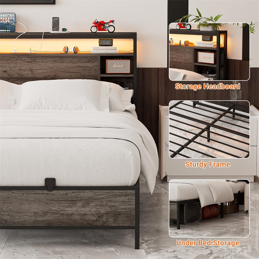 Full Size Bed Frame with Storage Headboard, Heavy Duty Bed Frame with Power Outlets and LED Light