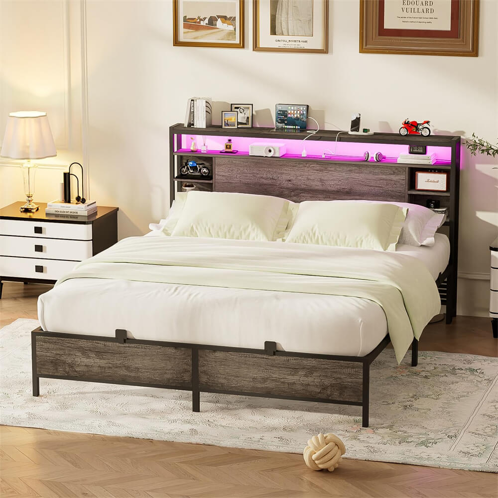 Full Size Bed Frame with Storage Headboard, Heavy Duty Bed Frame with Power Outlets and LED Light