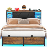 Unikito Full Size Bed Frame with Upholstered Headboard, Charging Station and RGB LED Lights, Stable Platform Bed, Heavy Duty Metal Slats, Noise Free, No Box Spring Needed, Easy to Assemble