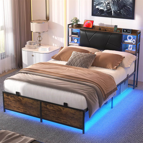Unikito Full Size Bed Frame with Upholstered Headboard, Charging Station and RGB LED Lights, Stable Platform Bed, Heavy Duty Metal Slats, Noise Free, No Box Spring Needed, Easy to Assemble