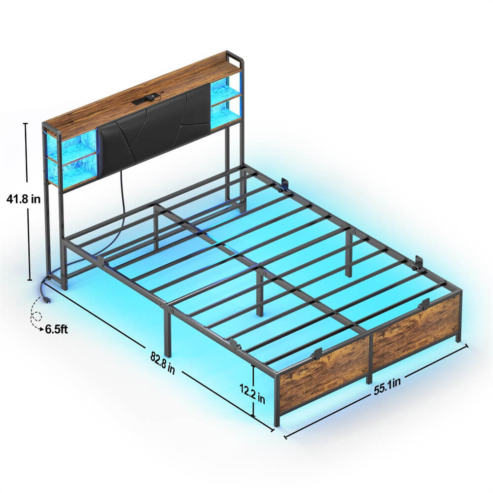 Unikito Full Size Bed Frame with Upholstered Headboard, Charging Station and RGB LED Lights, Stable Platform Bed, Heavy Duty Metal Slats, Noise Free, No Box Spring Needed, Easy to Assemble