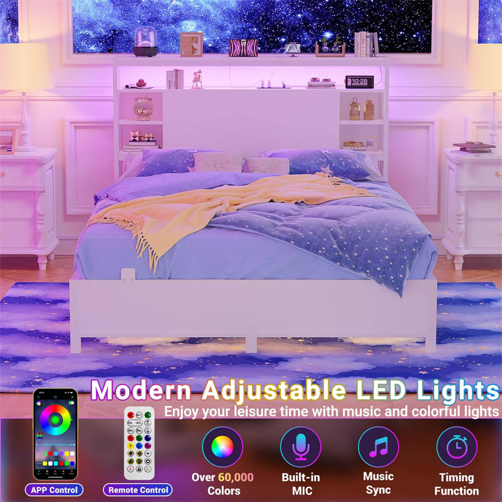 Full Size Bookshelf Headboard with Storage, Headboards with Outlets, and RGB LED Light