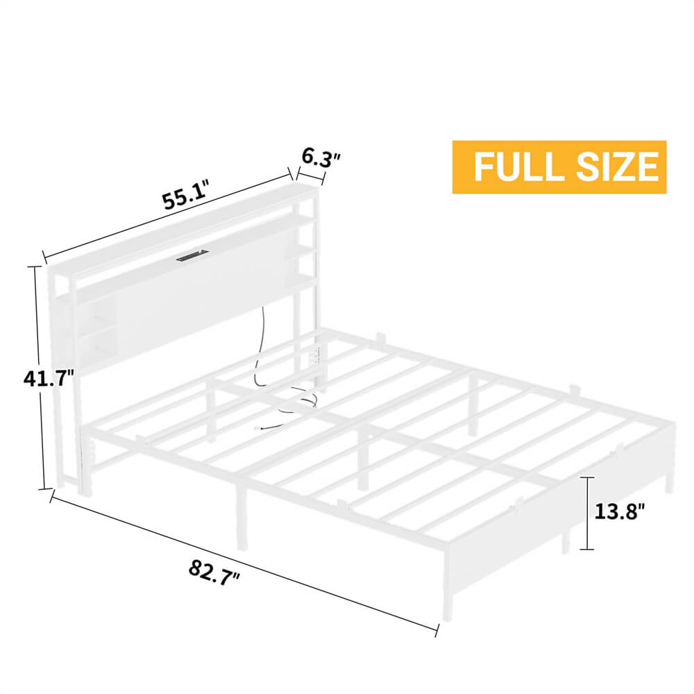 Full Size Bed Frame with Storage Headboard, Heavy Duty Bed Frame with Power Outlets and LED Light