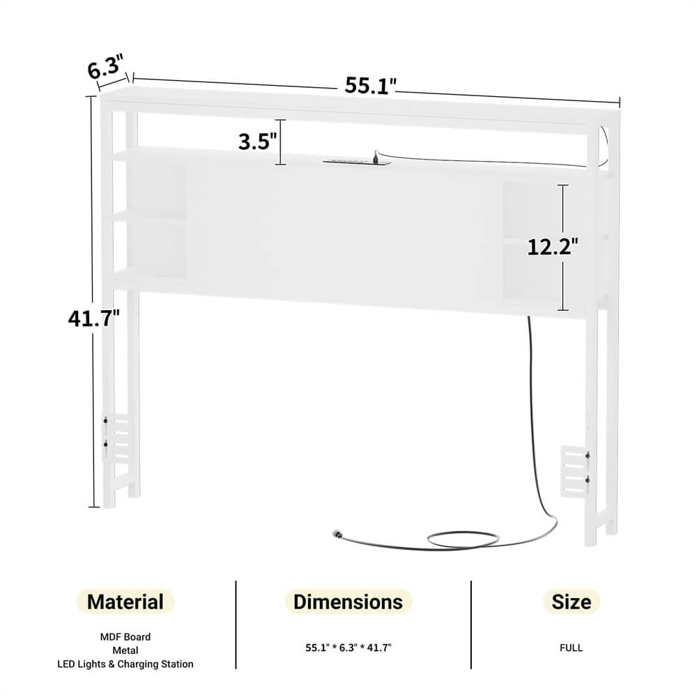 Full Size Bookshelf Headboard with Storage, Headboards with Outlets, and RGB LED Light