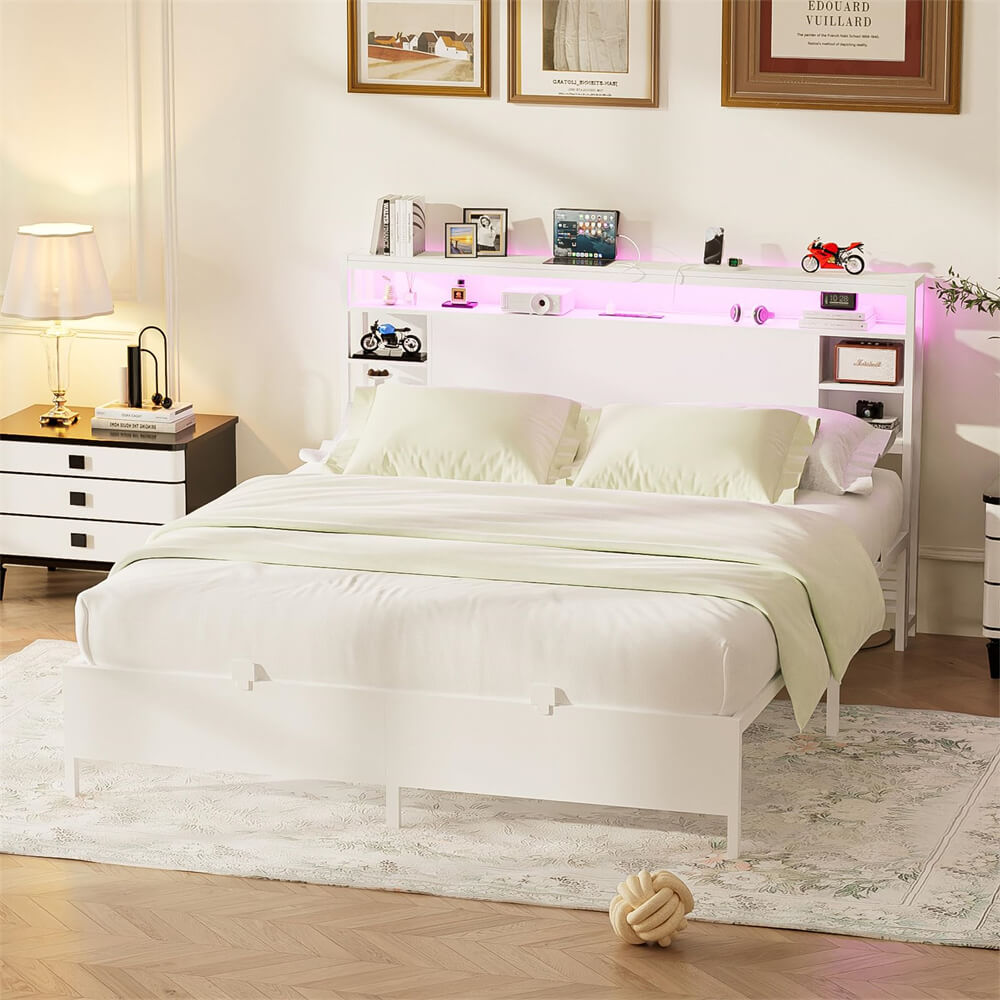 Full Size Bed Frame with Storage Headboard, Heavy Duty Bed Frame with Power Outlets and LED Light