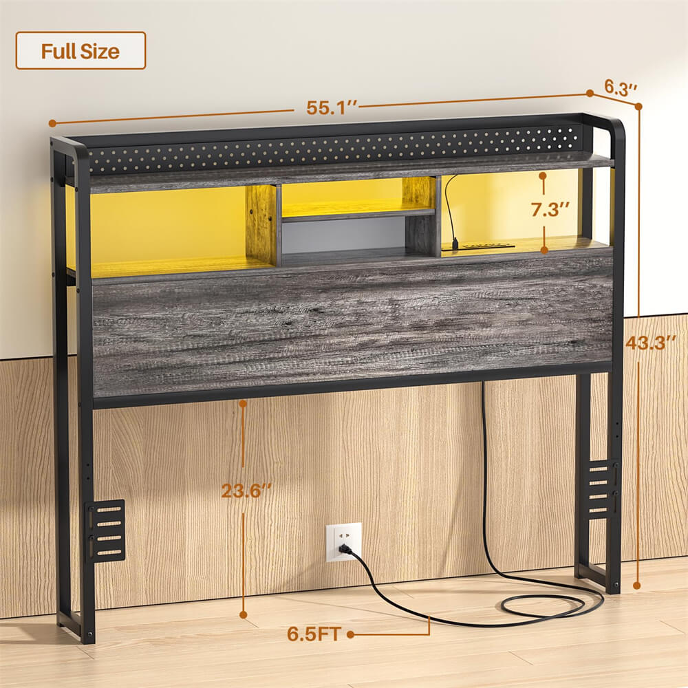 Unikito Headboard for Full Size Bed with Storage Shelf, Head board with 3 Outlets and 2 USB Ports, Headboards with RGB LED Light, Height Adjustable, Sturdy and Stable, Easy Assembly