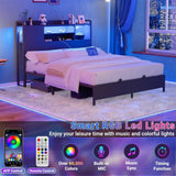 Unikito Metal Bedstead with Headboard, Black Metal Bed Frame with Headboard, Comes with Bookcase, Charging Stations & RGB LED Light, No Box Spring, Noise Free