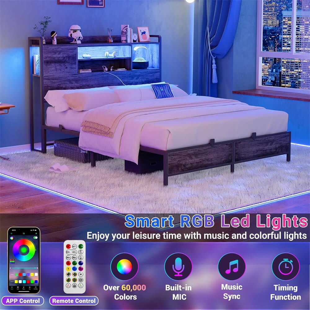 Unikito Metal Bedstead with Headboard, Black Metal Bed Frame with Headboard, Comes with Bookcase, Charging Stations & RGB LED Light, No Box Spring, Noise Free