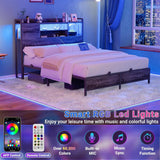 Unikito Metal Bedstead with Headboard, Black Metal Bed Frame with Headboard, Comes with Bookcase, Charging Stations & RGB LED Light, No Box Spring, Noise Free