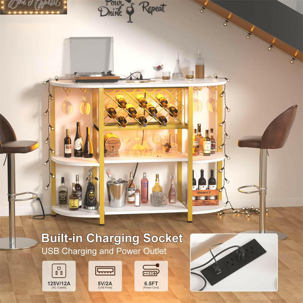 Unikito 4-Tier Metal Coffee Bar Cabinet with Outlet and LED Light, Freestanding Floor Table for Liquor Glass Holder Wine Rack Storage, Bakers Kitchen Dining Room