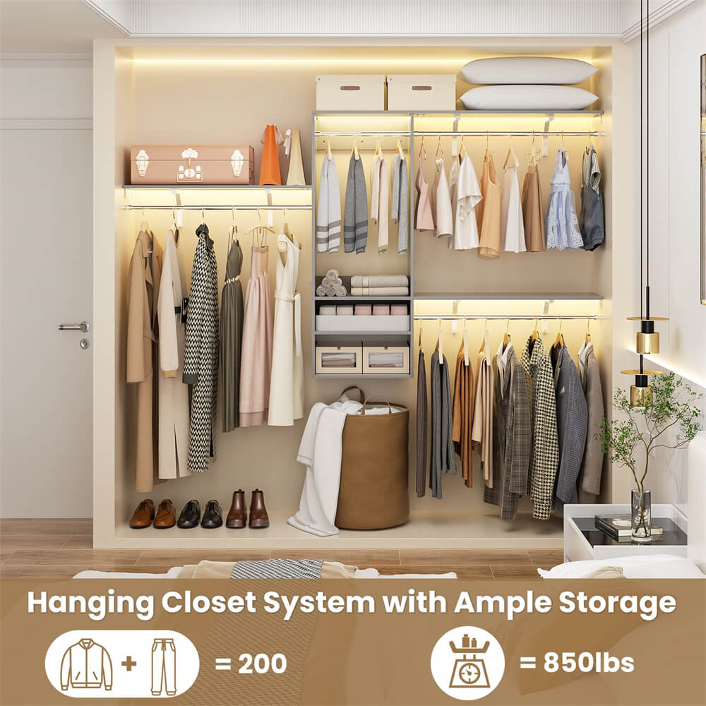 96 Inch Hanging Closet System, Wall Mounted Closet Wardrobe with Hanging Rod, and 3 Shelving Towers(Can Be Cut To Fit), DIY Support