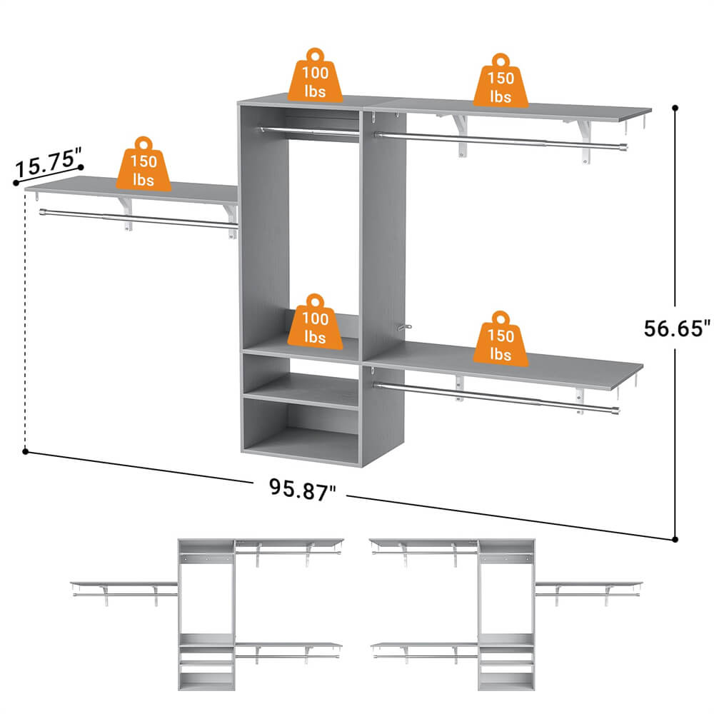 96 Inch Hanging Closet System, Wall Mounted Closet Wardrobe with Hanging Rod, and 3 Shelving Towers(Can Be Cut To Fit), DIY Support