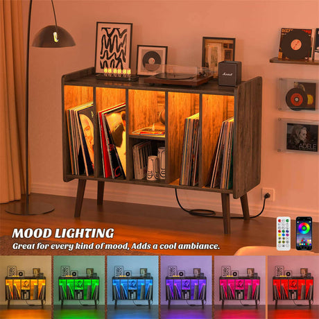 Unikito Record Player Stand with LED Light, Vinyl Record Storage Table with 6 Cabinet, Record Player Stand with Storage and Sockets, Record Display Shelf Wood Legs for Bedroom Living Room