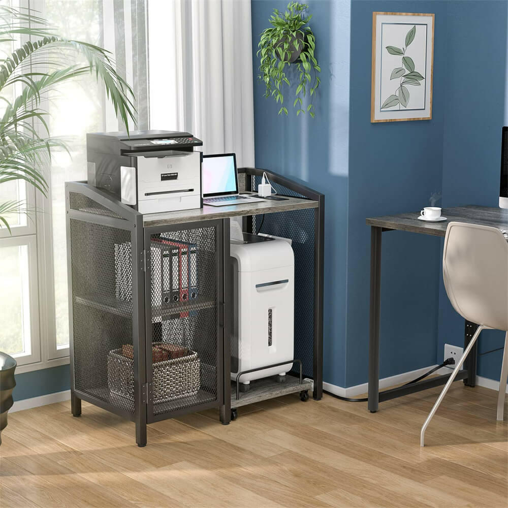 Unikito 3-Tier Lateral Office Filing Cabinets with Socket and USB Charging Port, Modern Printer Stand and Paper Shredder Stand Rack with Wheels, and Open Storage Shelves for Home Office