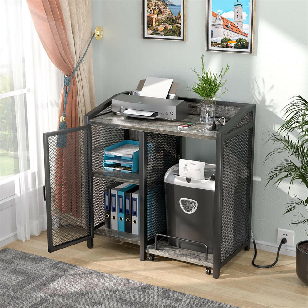 Unikito 3-Tier Lateral Office Filing Cabinets with Socket and USB Charging Port, Modern Printer Stand and Paper Shredder Stand Rack with Wheels, and Open Storage Shelves for Home Office