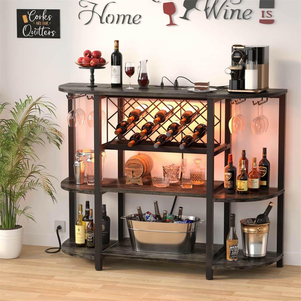 Unikito 4-Tier Metal Coffee Bar Cabinet with Outlet and LED Light, Freestanding Floor Table for Liquor Glass Holder Wine Rack Storage, Bakers Kitchen Dining Room