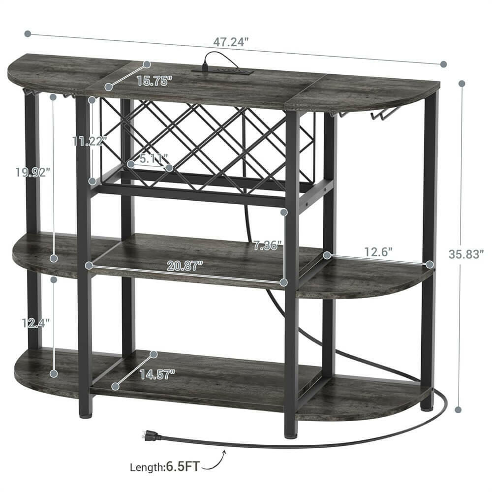 Unikito 4-Tier Metal Coffee Bar Cabinet with Outlet and LED Light, Freestanding Floor Table for Liquor Glass Holder Wine Rack Storage, Bakers Kitchen Dining Room