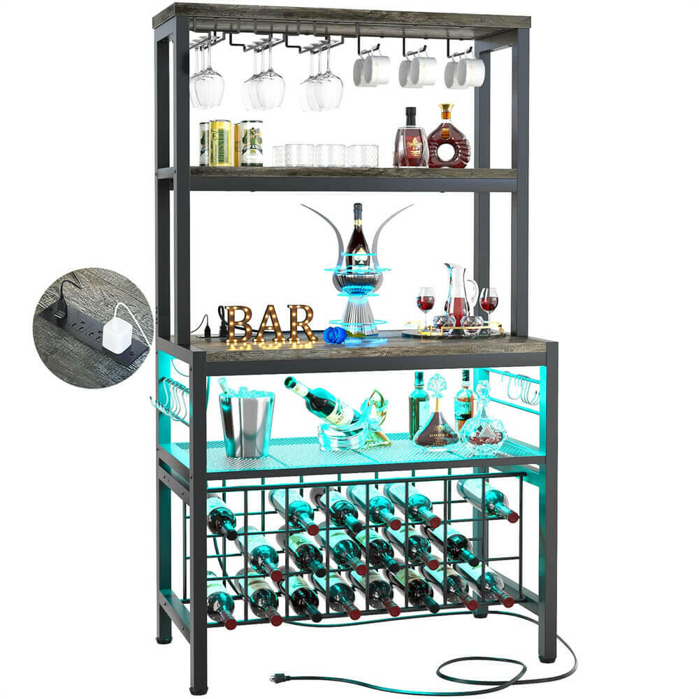 Unikito Wine Bar Cabinet with RGB LED Light and Outlet, FreeStanding Wine Rack Table, Floor Liquor Cabinet with Glass Holder, Floor Bar Cabinet with Wine Rack for Home Kitchen Dining Room