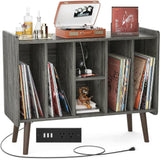 Unikito Large Record Player Stand, Vinyl Record Storage Table with Power Outlet Holds Up to 200 Albums, Turntable Stand Table with Wood Legs, Vinyl Holder Display Shelf for Bedroom Living Room