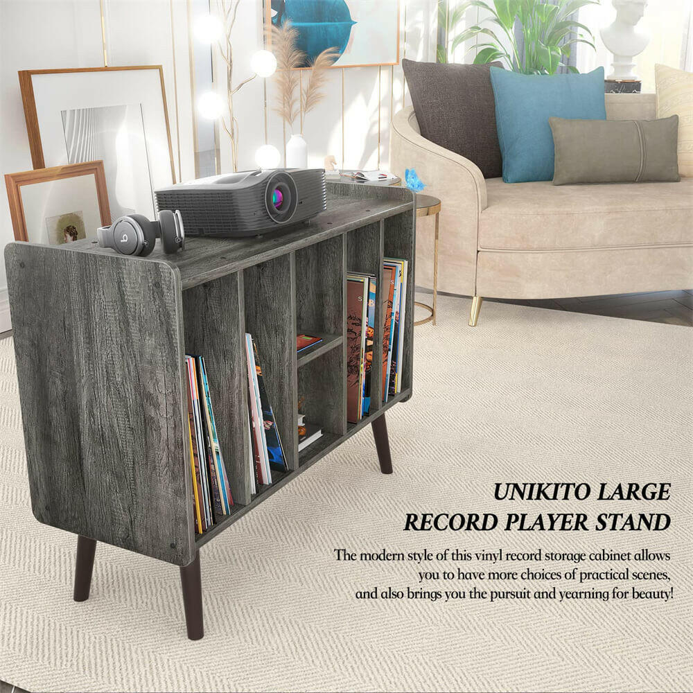 Unikito Large Record Player Stand, Vinyl Record Storage Table with Power Outlet Holds Up to 200 Albums, Turntable Stand Table with Wood Legs, Vinyl Holder Display Shelf for Bedroom Living Room