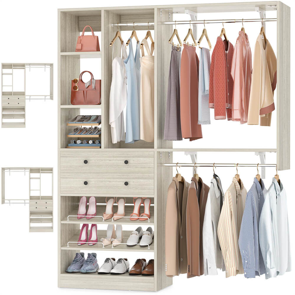 5FT Closet System with 2 Wood Drawers, 2 Hanging Rods & Shelf Towers, Reversible, Wall-Mount