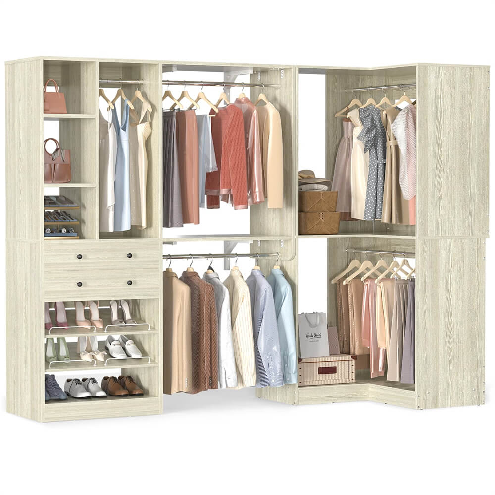 Closet System with Corner, 90.5 Inch Wooden Closet Organizer System with Drawers, Hanging Rods and Shelves