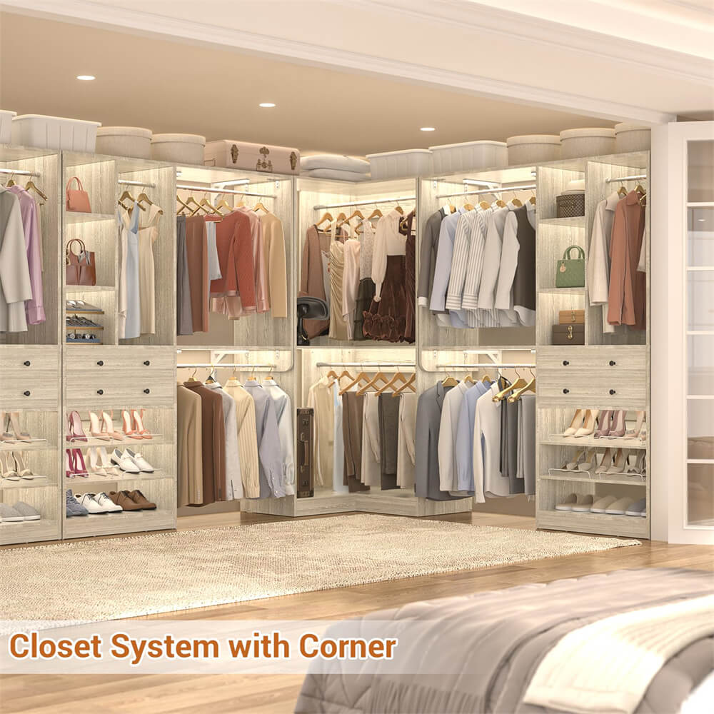 Closet System with Corner, 90.5 Inch Wooden Closet Organizer System with Drawers, Hanging Rods and Shelves