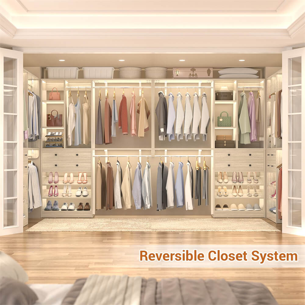 5FT Closet System with 2 Wood Drawers, 2 Hanging Rods & Shelf Towers, Reversible, Wall-Mount