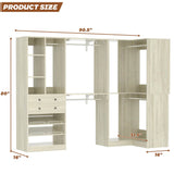 Closet System with Corner, 90.5 Inch Wooden Closet Organizer System with Drawers, Hanging Rods and Shelves