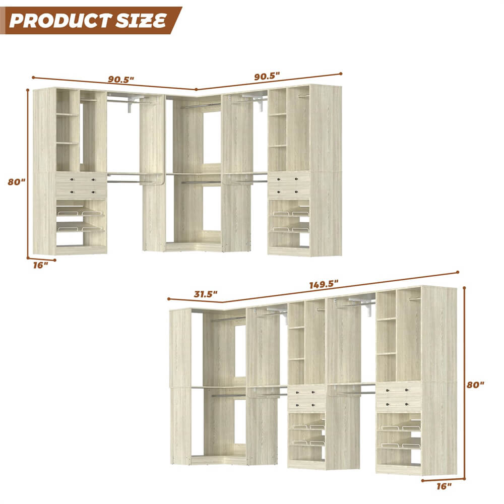 Closet System with Corner(3 Sets), 90.5" Closet Organizer System with Drawers, Shelves, and Hanging Rods